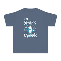 I Love Shark Week Kids Tee, classic fit, soft-washed, garment-dyed, perfect for active kids, made with 100% combed ringspun cotton for comfort and durability.