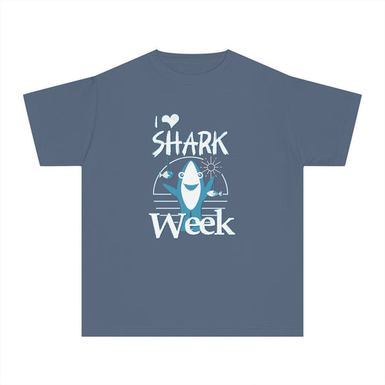 I Love Shark Week Kids Tee, classic fit, soft-washed, garment-dyed, perfect for active kids, made with 100% combed ringspun cotton for comfort and durability.