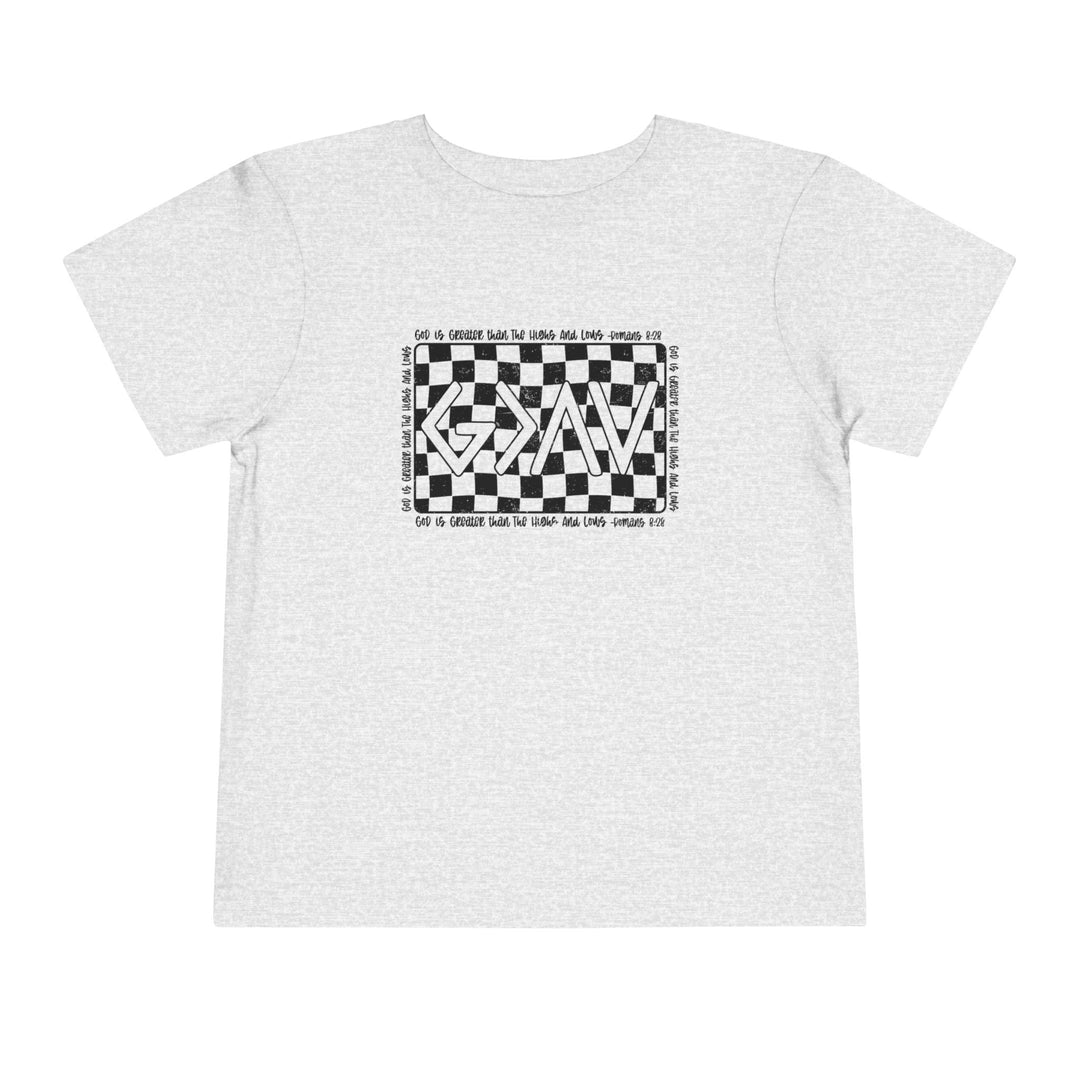 Gods Highs and Lows Toddler Tee features a black and white checkered design on a white t-shirt, crafted with 100% Airlume cotton for comfort.