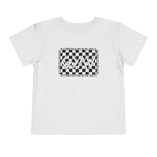 Gods Highs and Lows Toddler Tee features a black and white checkered design on a white t-shirt, crafted with 100% Airlume cotton for comfort.