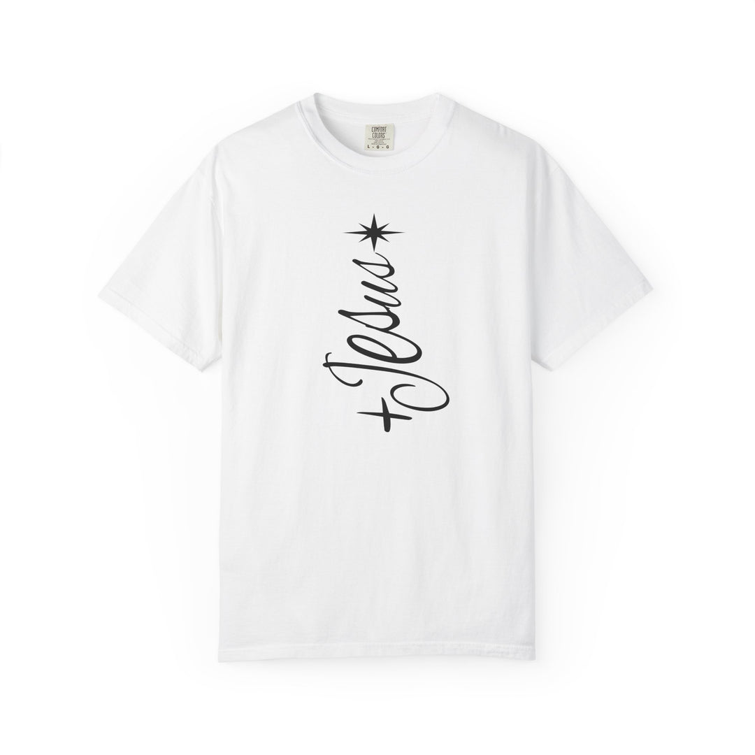 Jesus Tree Tee with hand-lettered 'Jesus' design, tapering like a Christmas tree, topped with an eight-pointed star on a plain white T-shirt.