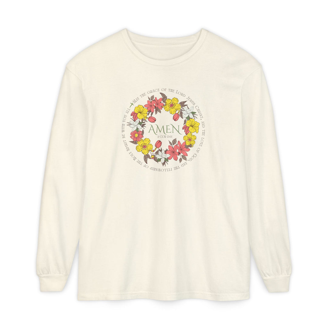 Amen Long Sleeve Tee featuring a floral wreath design and biblical verse, crafted from 100% ring-spun cotton for softness and style.