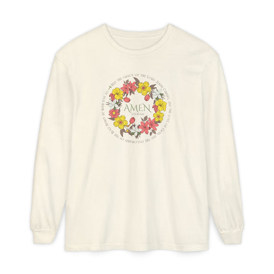 Amen Long Sleeve Tee featuring a floral wreath design and biblical verse, crafted from 100% ring-spun cotton for softness and style.