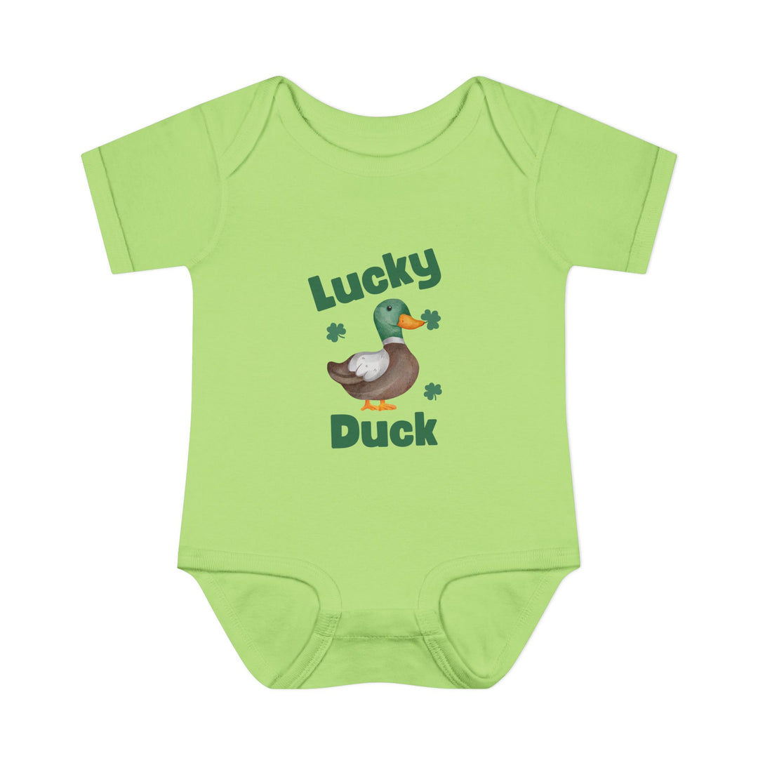 Lucky Duck Onesie: A green baby bodysuit featuring a cartoon duck holding a clover, made from soft, 100% ring-spun cotton for ultimate comfort.
