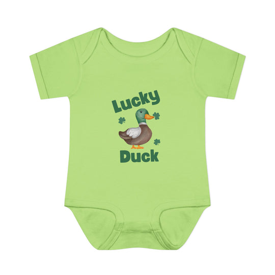 Lucky Duck Onesie: A green baby bodysuit featuring a cartoon duck holding a clover, made from soft, 100% ring-spun cotton for ultimate comfort.