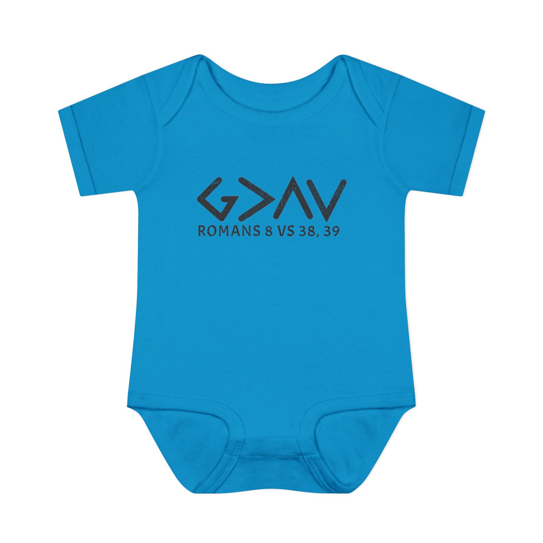 God is Greater Onesie: Blue baby bodysuit with black text, featuring lap shoulders, made of soft ring-spun cotton for comfort, ideal for infants.