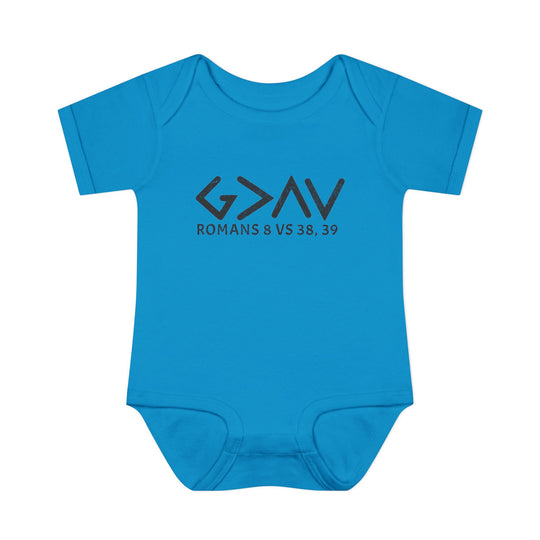 God is Greater Onesie: Blue baby bodysuit with black text, featuring lap shoulders, made of soft ring-spun cotton for comfort, ideal for infants.
