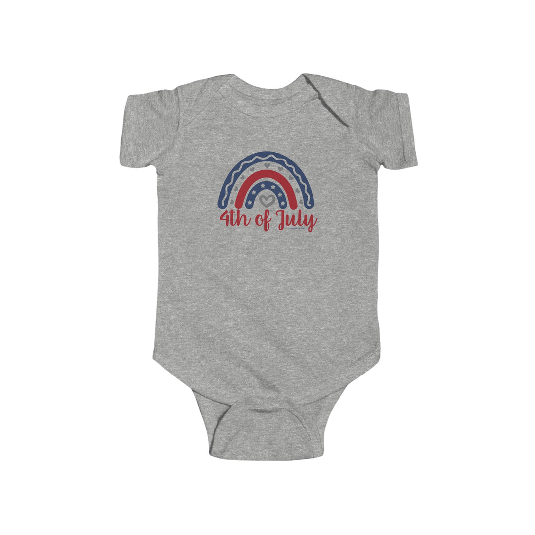 Infant fine jersey bodysuit with 4th of July rainbow design. 100% cotton fabric, ribbed knit bindings, and plastic snaps for easy changing access. Light, durable, tear-away label included.