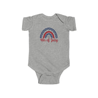 Infant fine jersey bodysuit with 4th of July rainbow design. 100% cotton fabric, ribbed knit bindings, and plastic snaps for easy changing access. Light, durable, tear-away label included.