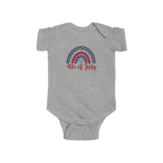 Infant fine jersey bodysuit with 4th of July rainbow design. 100% cotton fabric, ribbed knit bindings, and plastic snaps for easy changing access. Light, durable, tear-away label included.