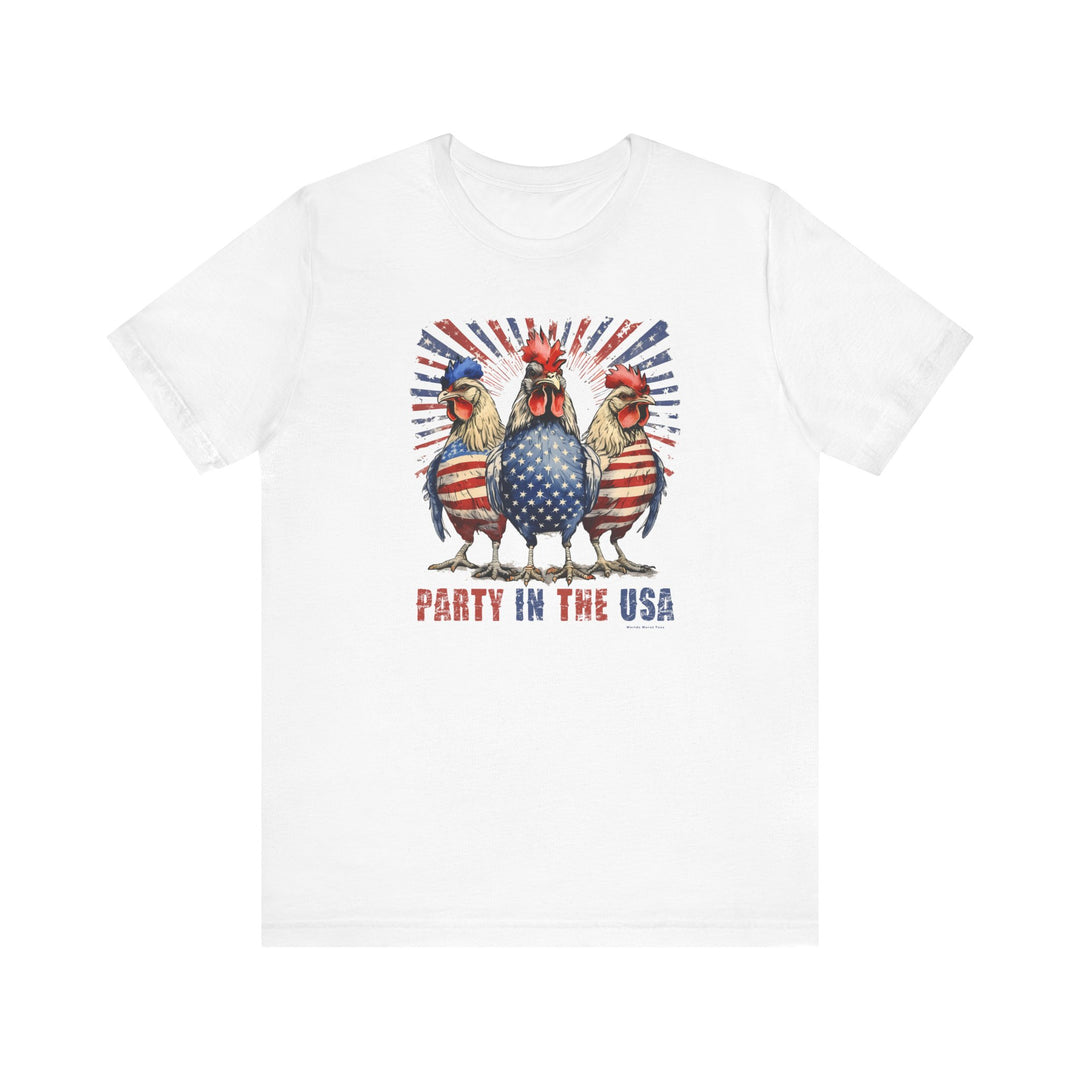 A white t-shirt featuring a red, white, and blue design with roosters, part of the Party In the USA Tee collection by Worlds Worst Tees. Unisex jersey tee made of 100% Airlume combed and ringspun cotton, with ribbed knit collars and taping on shoulders for durability.