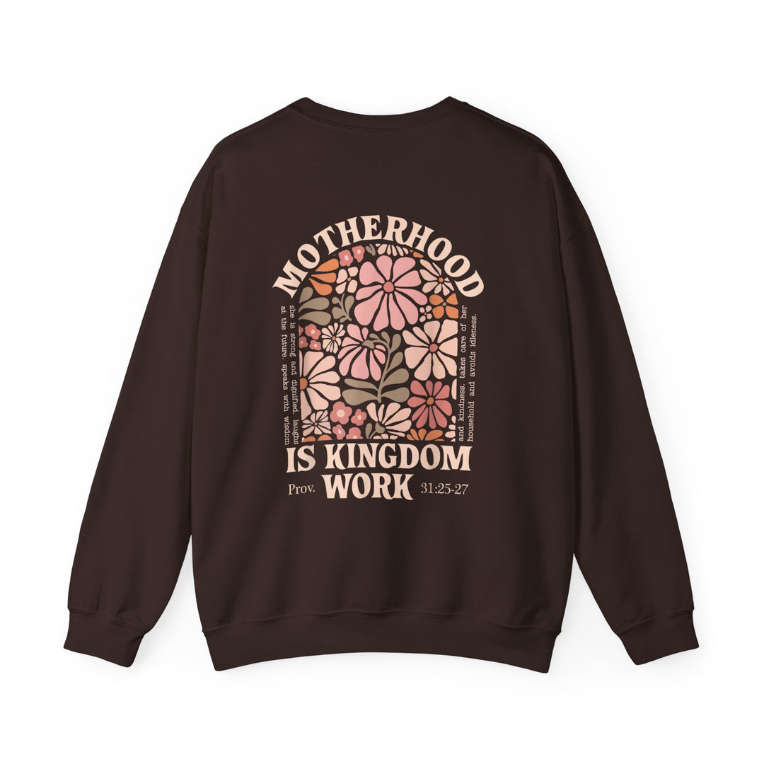 Motherhood Kingdom Work Crew sweatshirt features a retro floral arch graphic with Proverbs 31 reference, offering comfort in a loose fit unisex design.