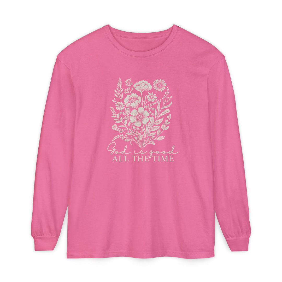 Pink long-sleeve T-shirt with white floral illustration and text God is good ALL THE TIME, made of 100% ring-spun cotton for comfort.