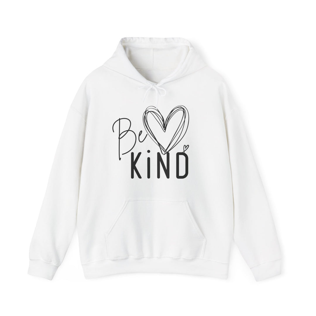 Be Kind Hoodie: White pullover with Be KiND text and heart graphic, kangaroo pocket, drawstring hood, cozy blend of cotton and polyester.