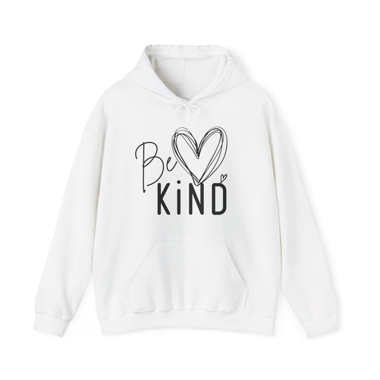 Be Kind Hoodie: White pullover with Be KiND text and heart graphic, kangaroo pocket, drawstring hood, cozy blend of cotton and polyester.
