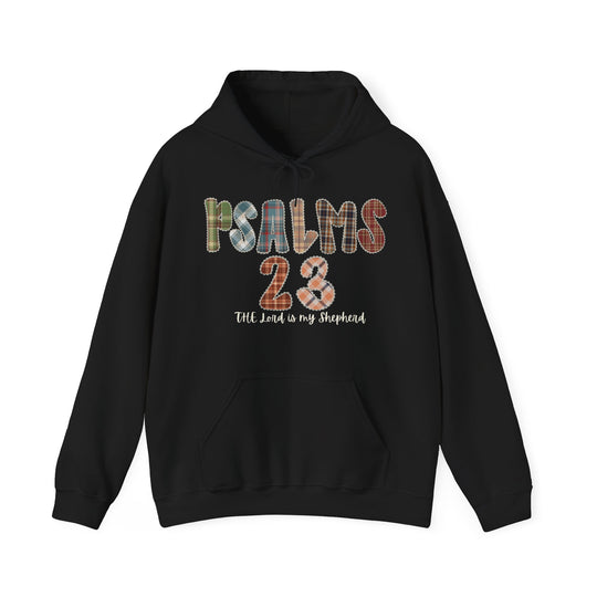 Black hoodie with plaid PSALMS 23 and The Lord is my Shepherd text on chest, featuring a kangaroo pocket and drawstring hood.