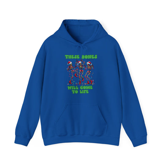 Bones Come to Life Hoodie features dancing skeletons in Santa hats with Christmas lights, framed by text, offering a playful, festive addition to your winter wardrobe.