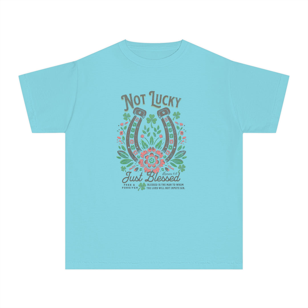 Kids' Blessed Tee featuring a graphic of horseshoes and clovers, crafted from 100% combed ring-spun cotton for comfort and agility. Classic fit ideal for active schedules.
