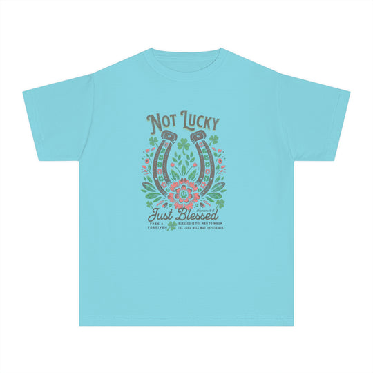 Kids' Blessed Tee featuring a graphic of horseshoes and clovers, crafted from 100% combed ring-spun cotton for comfort and agility. Classic fit ideal for active schedules.