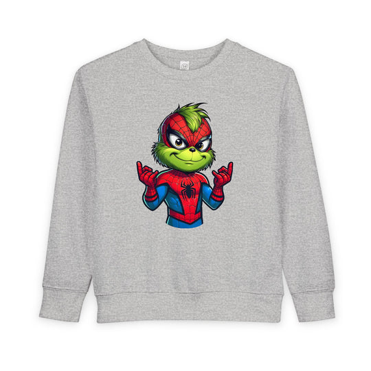 Christmas Spider Toddler Crew sweatshirt features the Grinch in Spider-Man suit on light-gray fabric, blending comfort with whimsical, fun design for toddlers.