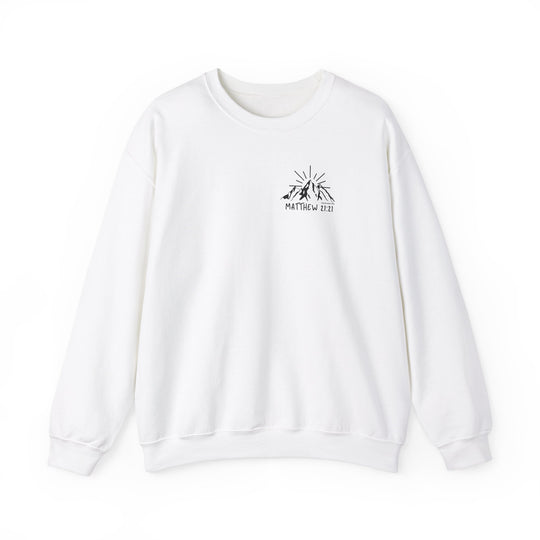 A unisex heavy blend crewneck sweatshirt featuring a logo of mountains and sun. Made from 50% cotton and 50% polyester, with ribbed knit collar and double-needle stitching for durability. Ideal for colder months.