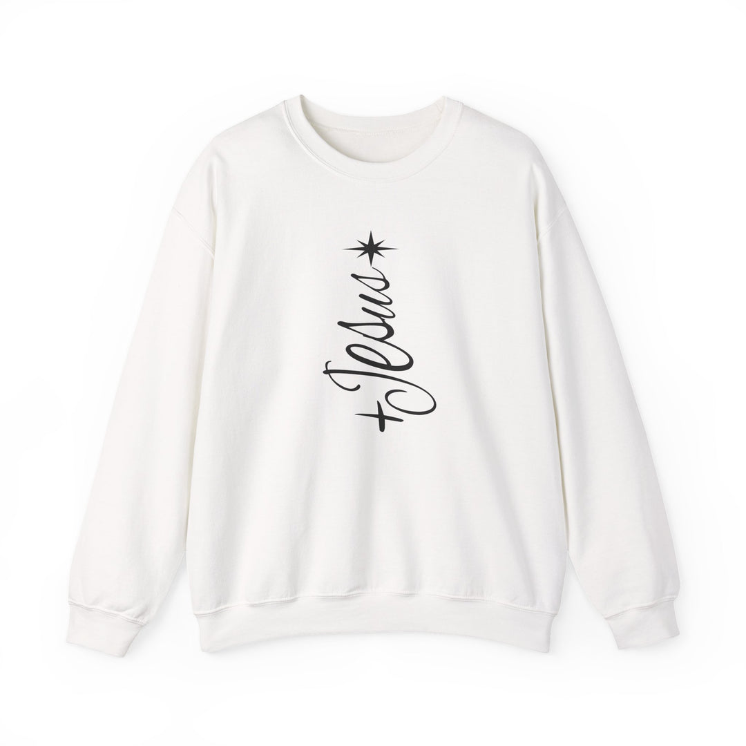 White long-sleeved crewneck sweatshirt featuring a stylized Christmas tree design with Jesus in script, ideal for cozy, stylish wear from Faith Family Designs.