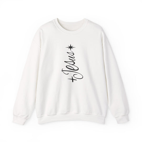 White long-sleeved crewneck sweatshirt featuring a stylized Christmas tree design with Jesus in script, ideal for cozy, stylish wear from Faith Family Designs.