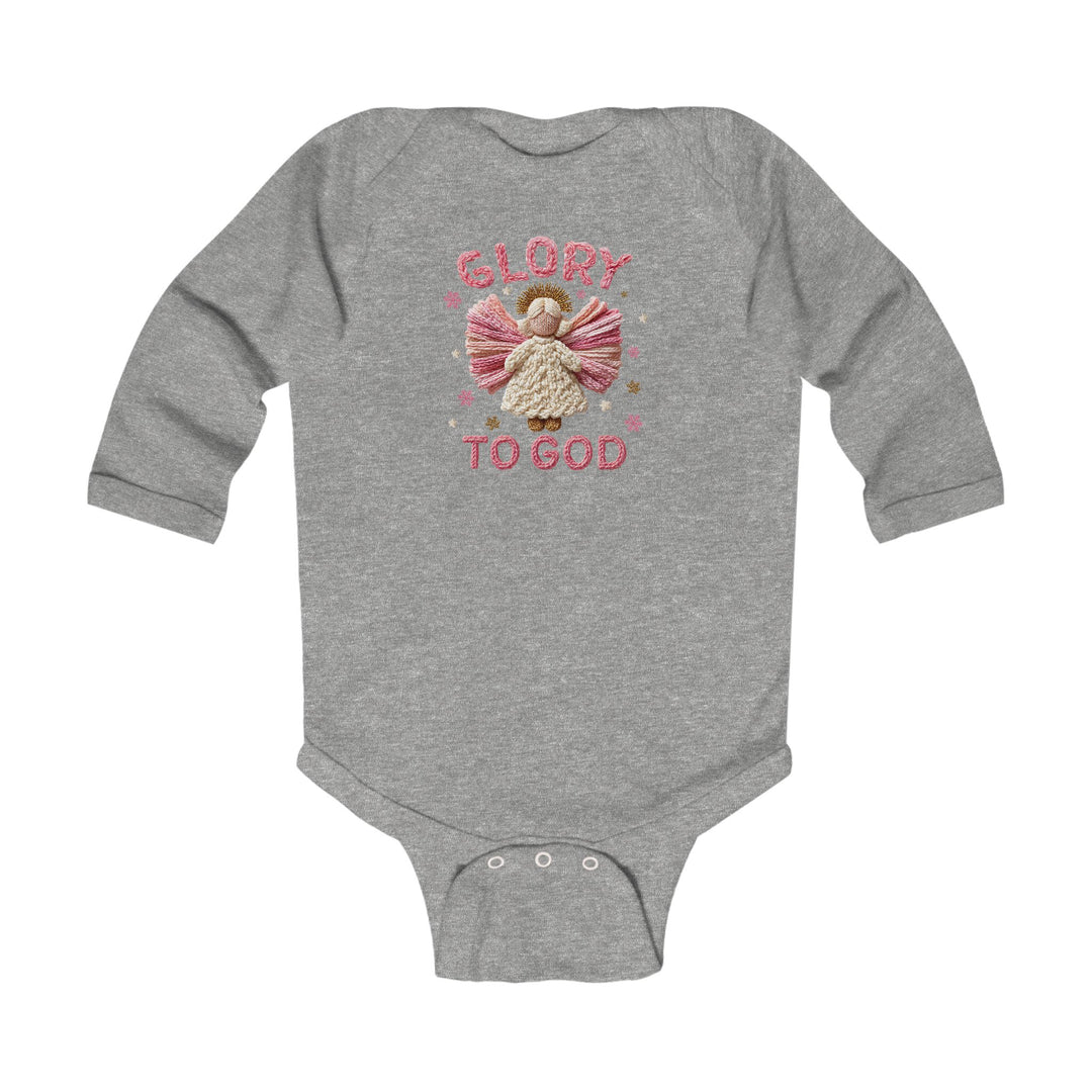 Heather-gray Glory to God onesie with angel applique and pink lettering, ideal for infants. Features include soft cotton fabric and convenient snap closure for easy changing.