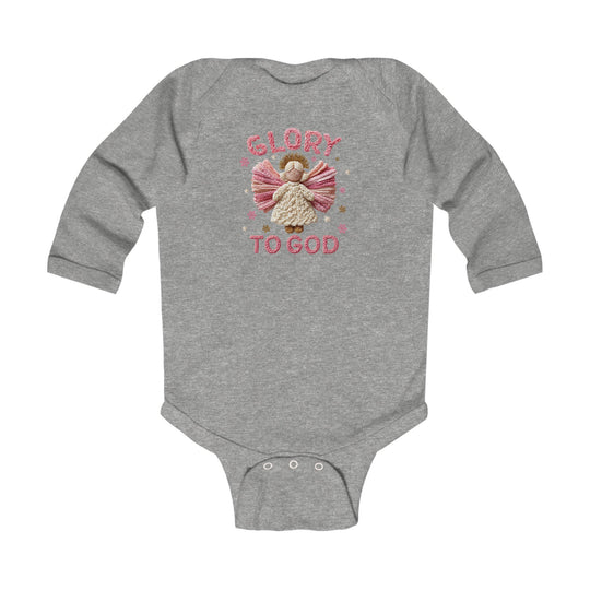 Heather-gray Glory to God onesie with angel applique and pink lettering, ideal for infants. Features include soft cotton fabric and convenient snap closure for easy changing.