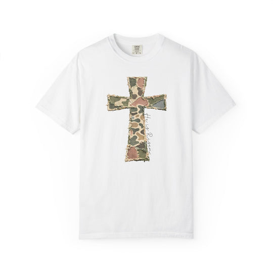 He is Risen Distressed Tee featuring a frayed camouflage cross and script on a Comfort Colors short-sleeve T-shirt, ideal for a unique, casual look.