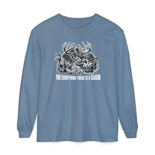 For Everything There is a Season Long Sleeve Tee featuring a deer, fox, and fish graphic, made of soft ring-spun cotton for a relaxed, comfortable fit.