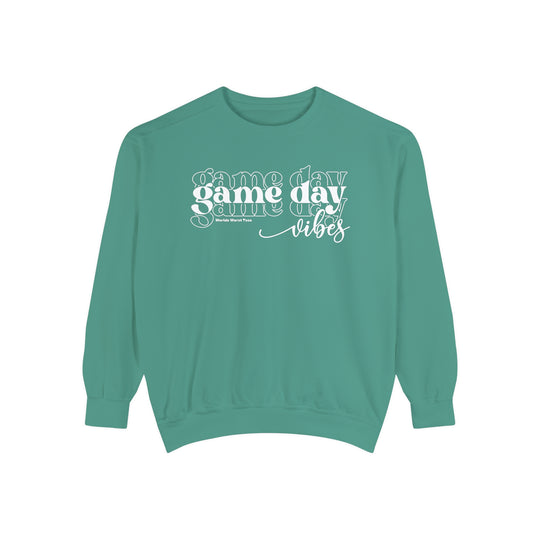 Unisex Game Day Vibes Crew sweatshirt in green with white text. Made of 80% ring-spun cotton and 20% polyester, featuring a relaxed fit and rolled-forward shoulder. From Worlds Worst Tees.