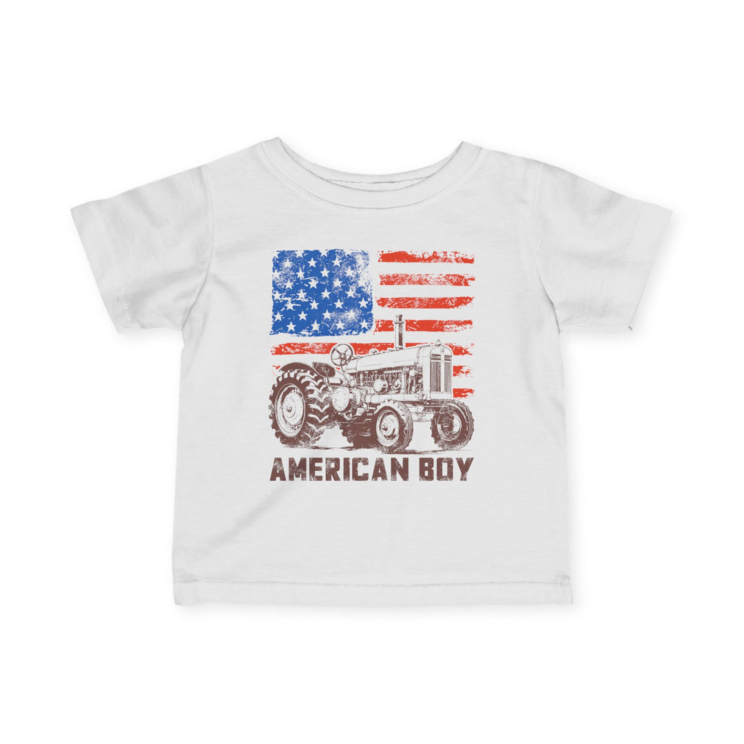 American Boy Baby Tee with vintage American flag and tractor graphic, crafted from ring-spun cotton for comfort and durability, perfect for infants and toddlers.