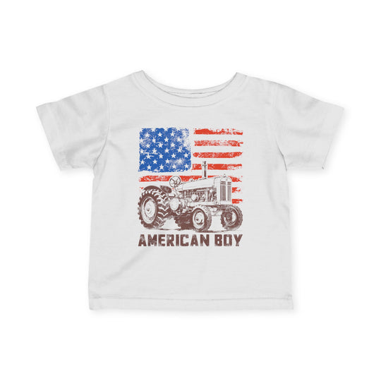 American Boy Baby Tee with vintage American flag and tractor graphic, crafted from ring-spun cotton for comfort and durability, perfect for infants and toddlers.