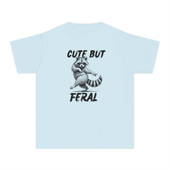 Cute but Feral Kids Tee featuring a stylized raccoon and slogan, designed for comfort and agility in 100% combed cotton, perfect for active kids.