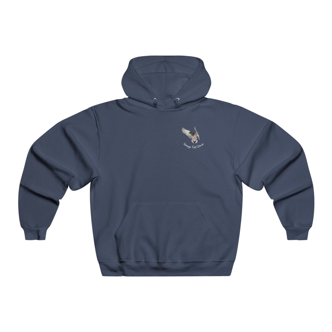 A JERZEES NuBlend® hooded sweatshirt in orange featuring a logo, a front pouch pocket, and a 50/50 cotton-polyester blend. Medium-heavy fabric with a loose fit, pre-shrunk for durability. Sizes S to 5XL available.