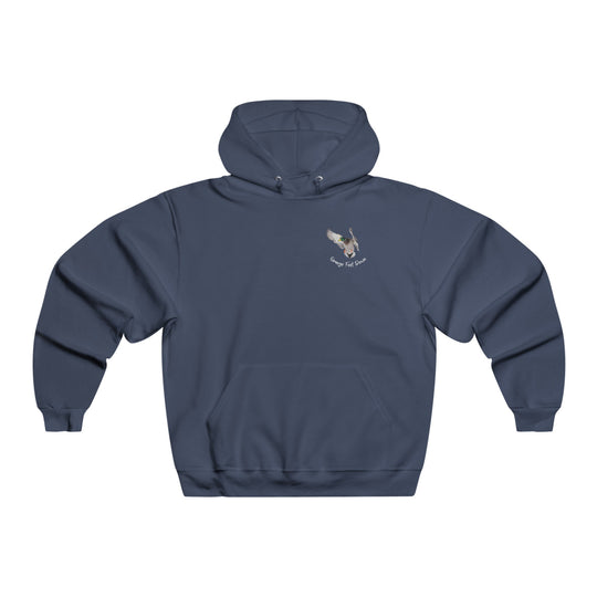 A JERZEES NuBlend® hooded sweatshirt in orange featuring a logo, a front pouch pocket, and a 50/50 cotton-polyester blend. Medium-heavy fabric with a loose fit, pre-shrunk for durability. Sizes S to 5XL available.
