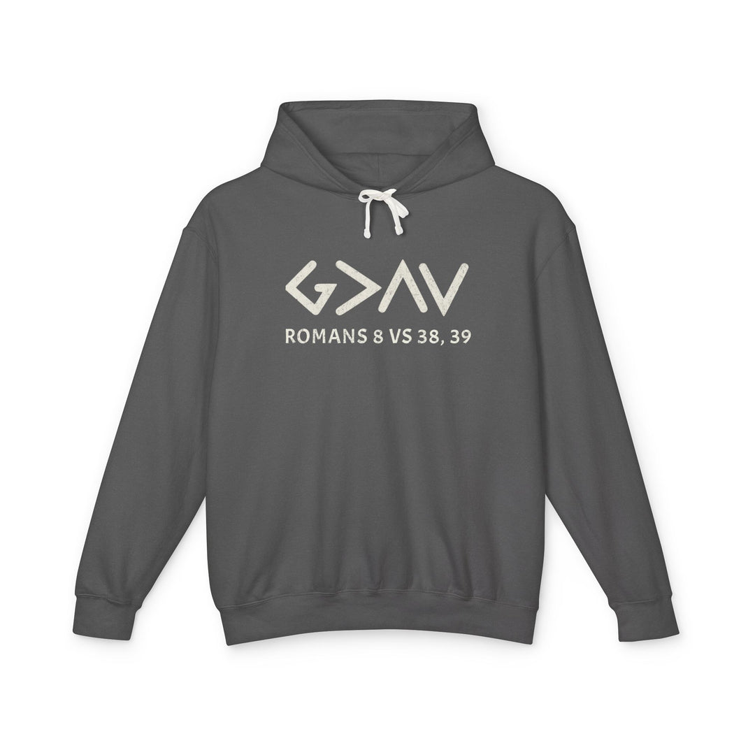 God is Greater Hoodie - Matching Set: A grey sweatshirt featuring white text, with a relaxed fit and a jersey-lined hood, crafted from 100% ring-spun US cotton.