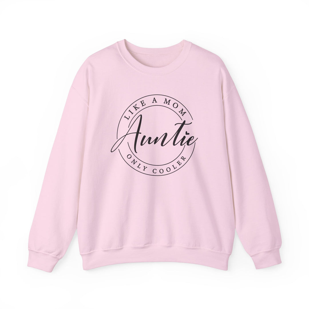 Unisex Auntie Crew pink sweatshirt with black text, ribbed knit collar, made from a polyester-cotton blend for comfort and durability.