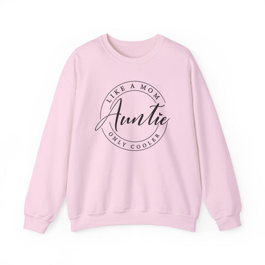 Unisex Auntie Crew pink sweatshirt with black text, ribbed knit collar, made from a polyester-cotton blend for comfort and durability.