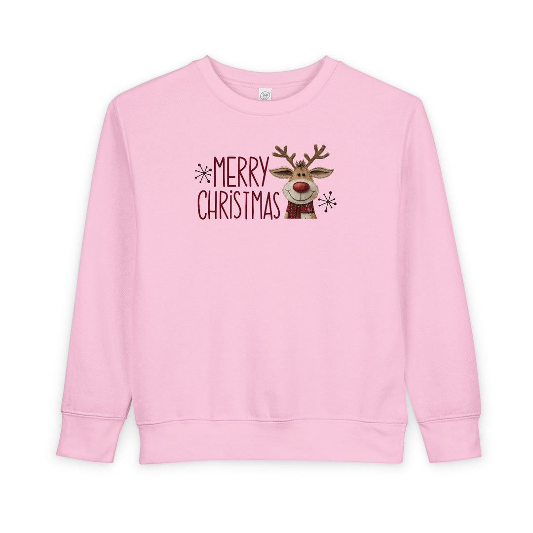 Merry Christmas Reindeer Toddler Crew: Light-pink sweatshirt with MERRY CHRISTMAS and reindeer graphic, offering warmth and durability for toddlers.
