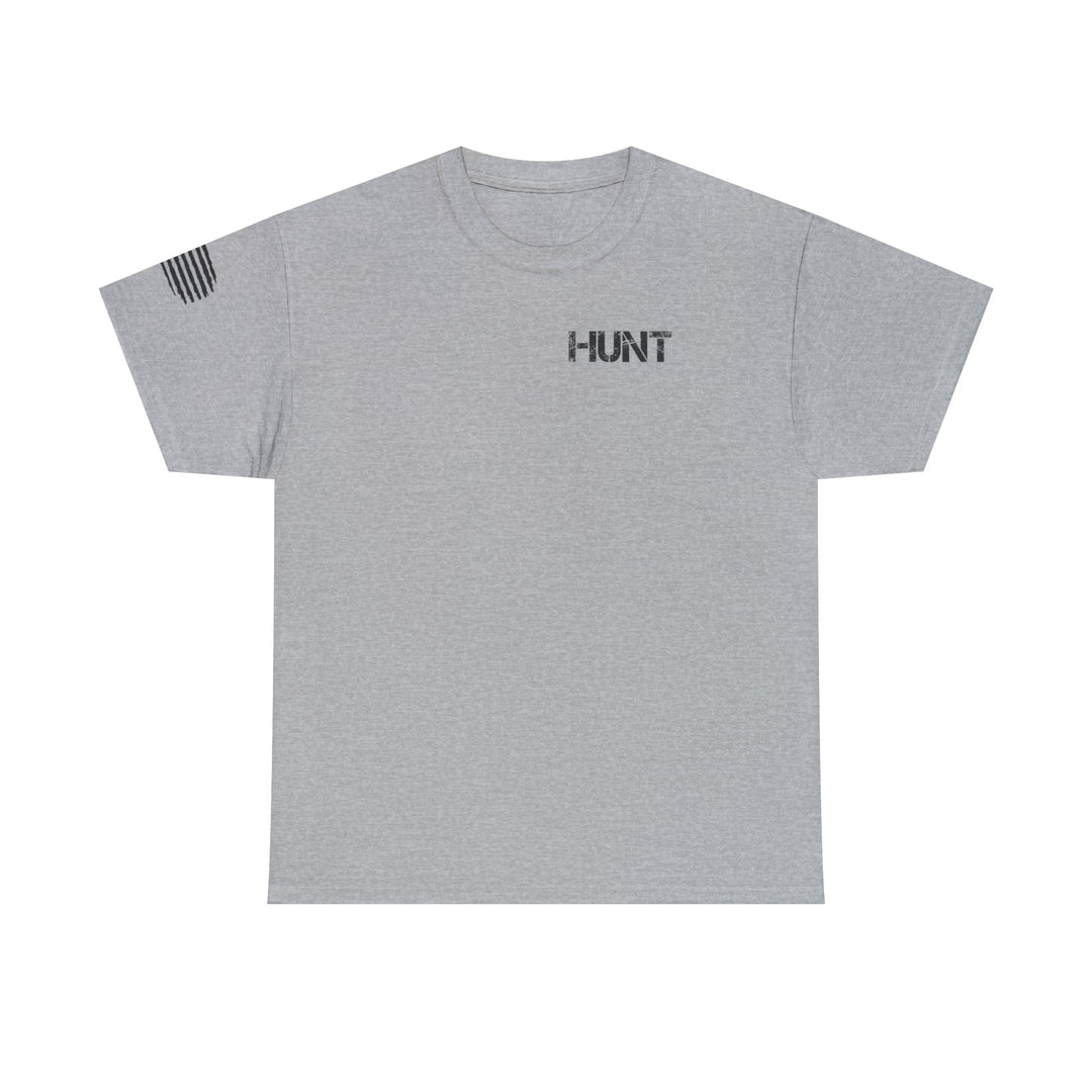 American Hunter Tee: A premium fitted men’s t-shirt in grey with black text. Comfy and light, featuring ribbed knit collar, side seams for structure, and 100% combed cotton. Ideal for workouts or daily wear.