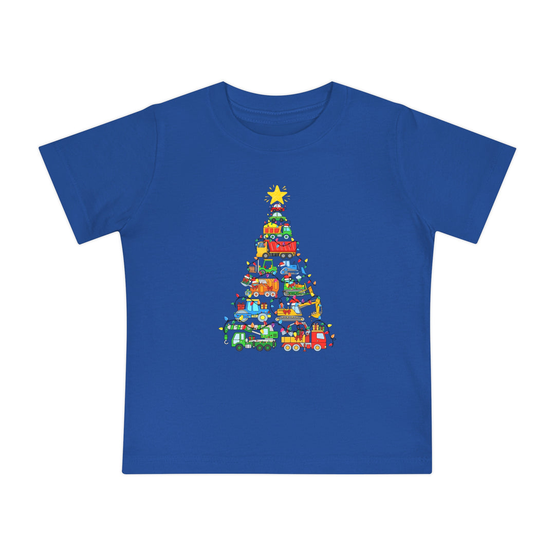 Christmas Truck Baby Tee: A royal-blue children's T-shirt featuring a festive Christmas tree of colorful vehicles with lights and a star, made from soft, durable cotton.
