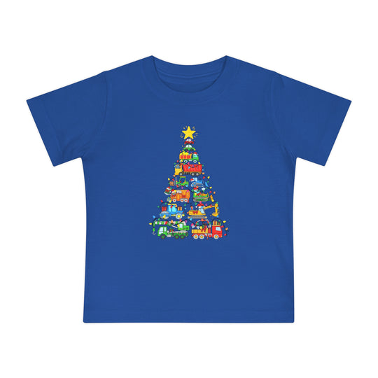 Christmas Truck Baby Tee: A royal-blue children's T-shirt featuring a festive Christmas tree of colorful vehicles with lights and a star, made from soft, durable cotton.