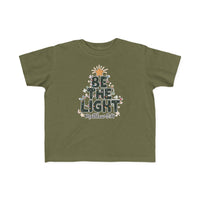 Be the Light Toddler Tee: Olive-green, short-sleeve with BE THE LIGHT Christmas tree design, Matthew 5:14 reference; soft, durable for toddlers' sensitive skin.