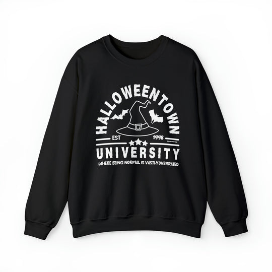 Unisex Halloweentown University Crew sweatshirt, a blend of comfort and style. Ribbed knit collar, no itchy seams, loose fit, and durable fabric. Perfect for casual wear. Dimensions: S-5XL.