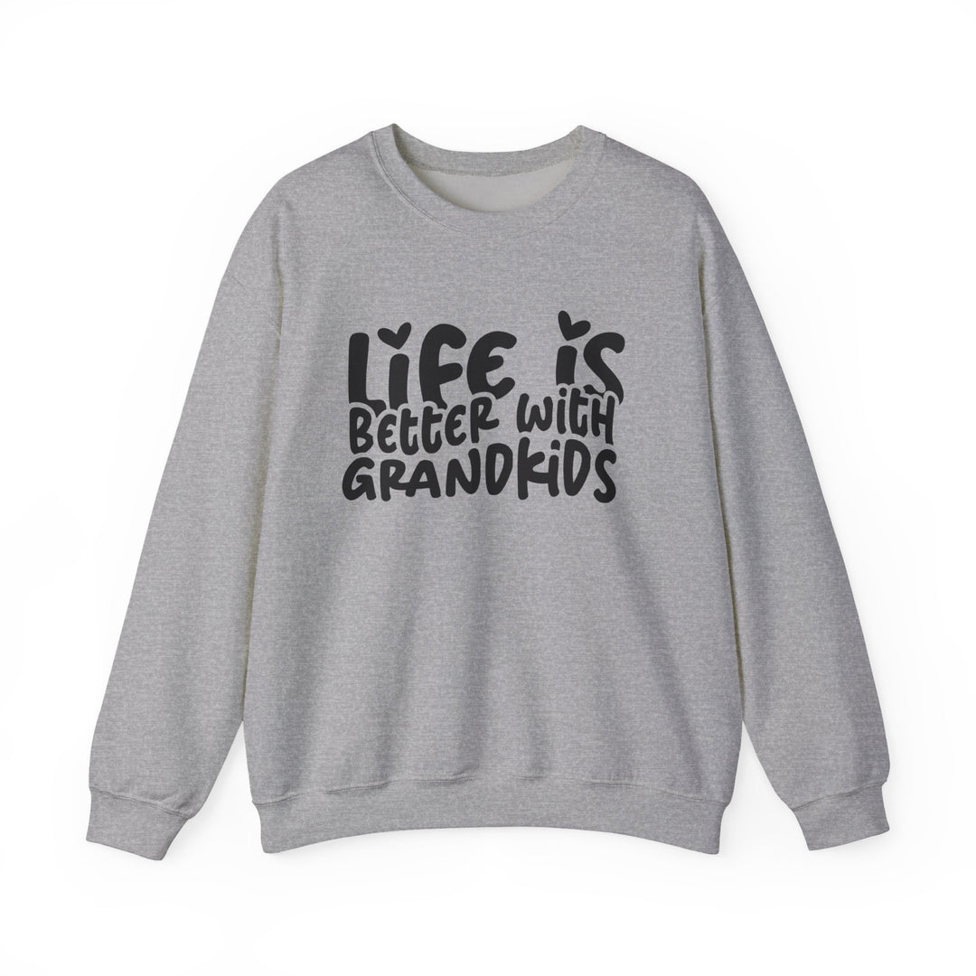 Light-gray crewneck sweatshirt with Life is better with grandkids in black hand-lettered text, featuring heart-dotted i’s. Comfortable, unisex design from Faith Family Designs.