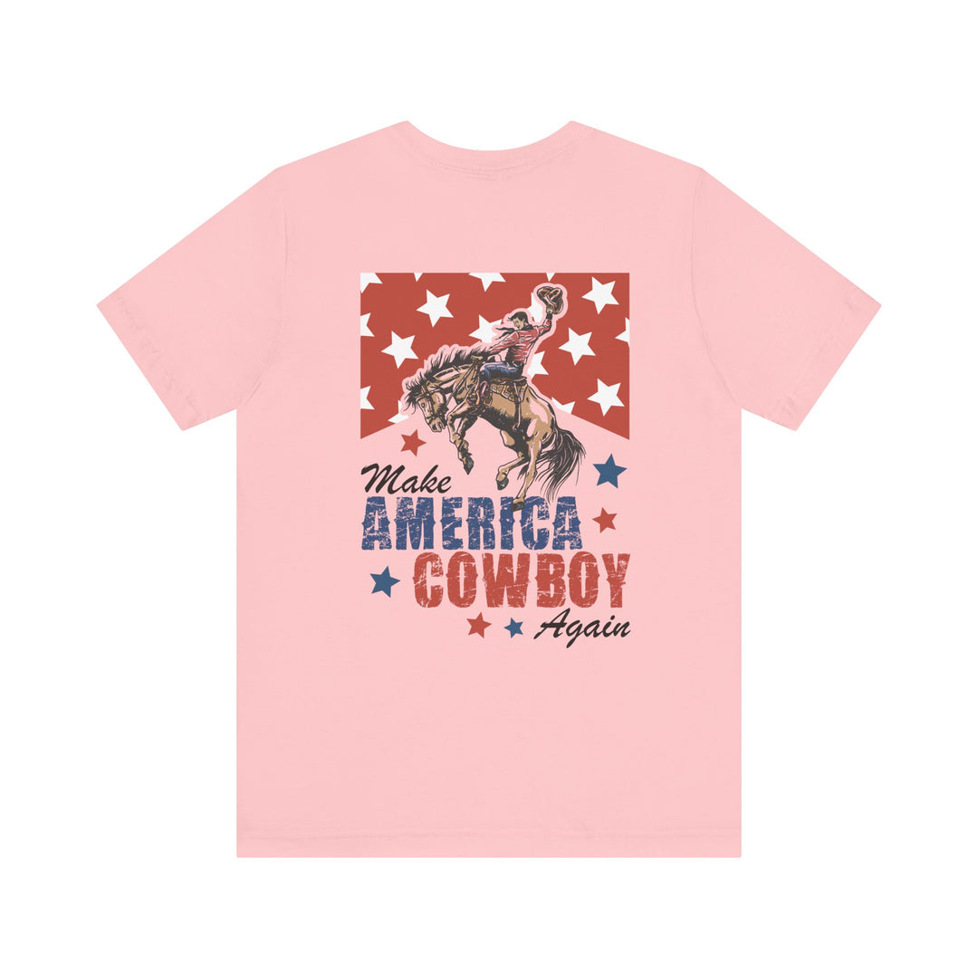 Make America Cowboy Again Tee featuring a cowboy on a bucking horse with vintage rodeo graphics, ideal for those seeking unique, soft, and stylish graphic t-shirts.