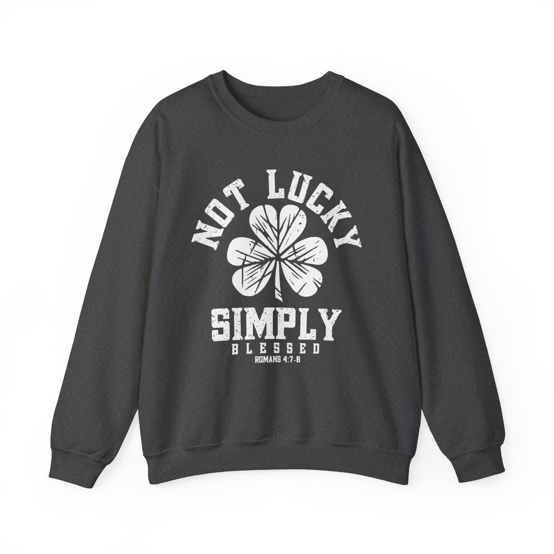 Not Lucky Crew: A grey sweatshirt featuring a four-leaf clover design, offering a comfortable, loose fit with a ribbed knit collar, ideal for casual wear.