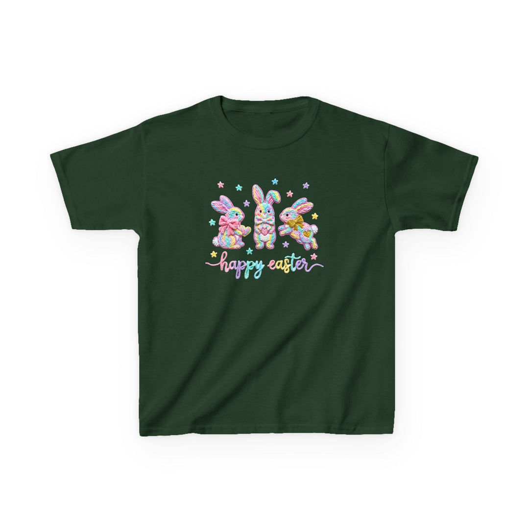 Dark-green Easter Bunny Kids Tee with pastel bunnies and happy easter text, ideal for everyday wear. Made from soft, durable cotton, perfect for kids.